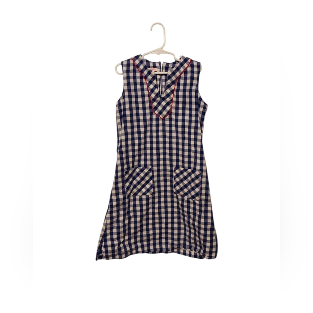 Gingham Plaid Dress Kayce Hughes Girls Blue Size 8 Red Trim Tunic Church Preppy